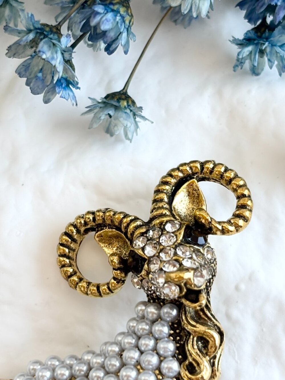 Goat Figural Gold Toned Pearl Accented Vintage Style Textured Brooch Pin - Picture 4 of 15